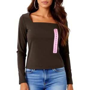 Express Womens Squareneck Top Long Sleeve Knit Shirt Olive‎ Brown Size S NWT